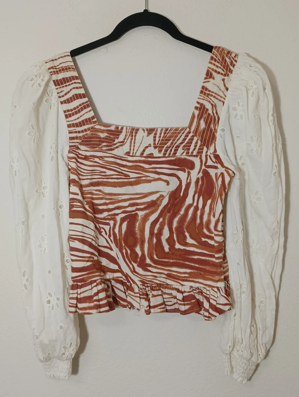Anthropologie Love the Label Smocked Eyelet Puff Sleeve Blouse Zebra Print